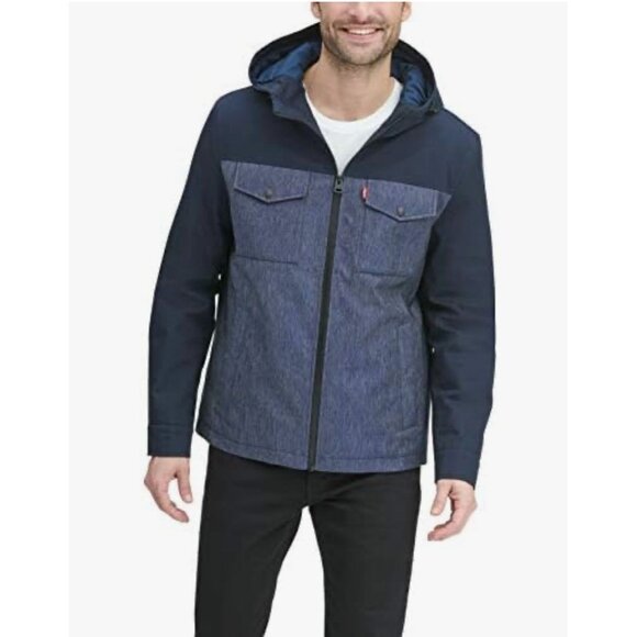 Levis Mens Water-Resistant Hooded Jacket Size LargeBlue & Navy